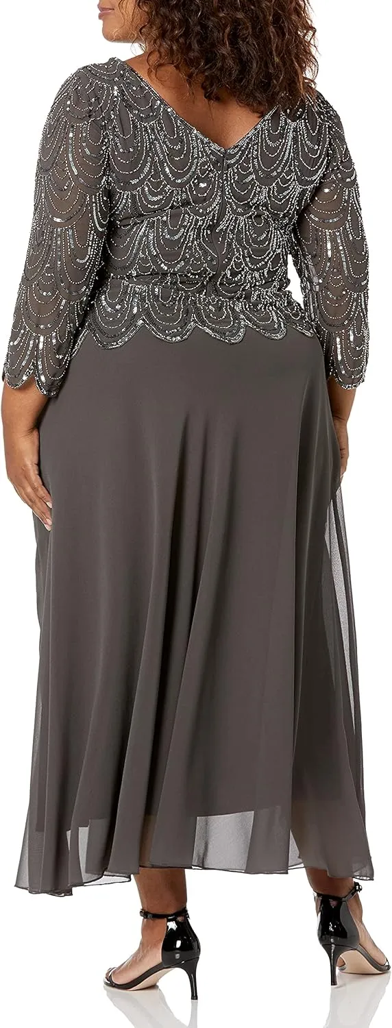 J Kara Women's Plus Size 3/4 Sleeve with Scallop Beaded Pop Over Gown