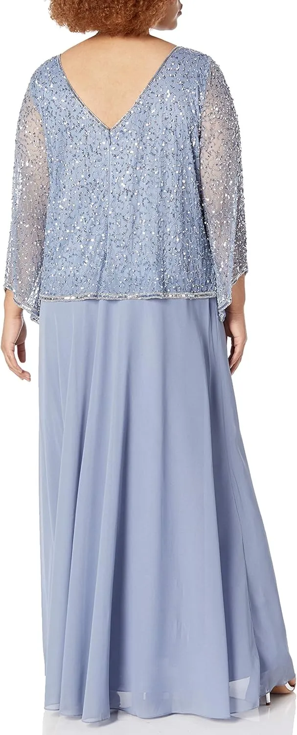 J Kara Women's Plus Size Beaded Bodice V-Neck 3/4 Sleeve Popover Gown