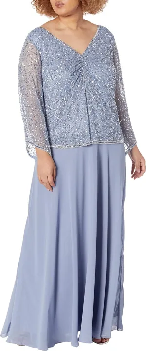 J Kara Women's Plus Size Beaded Bodice V-Neck 3/4 Sleeve Popover Gown