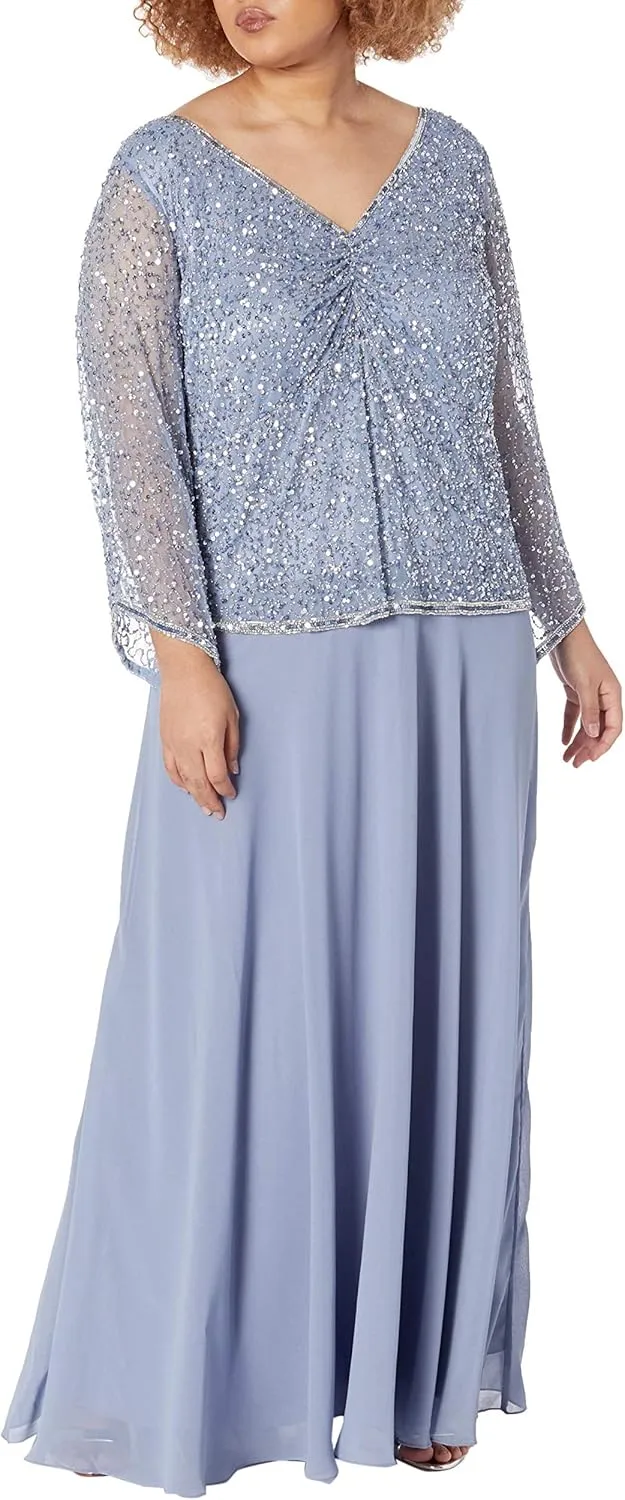 J Kara Women's Plus Size Beaded Bodice V-Neck 3/4 Sleeve Popover Gown
