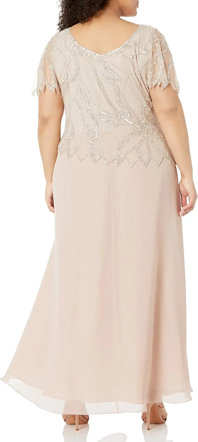 J Kara Women's Plus Size Beaded Short Sleeve Long Gown