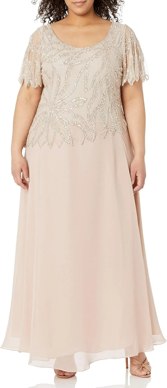 J Kara Women's Plus Size Beaded Short Sleeve Long Gown
