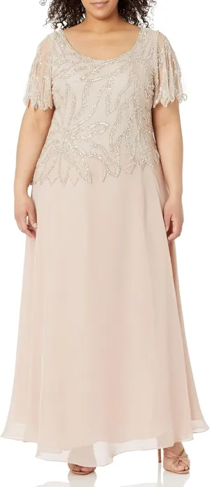 J Kara Women's Plus Size Beaded Short Sleeve Long Gown