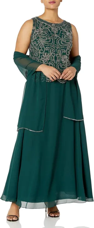 J Kara Women's Plus Size Beaded Sleeveless Long Dress with Scarf