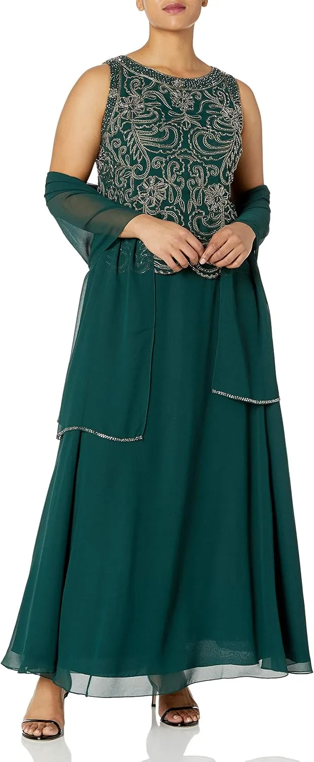 J Kara Women's Plus Size Beaded Sleeveless Long Dress with Scarf