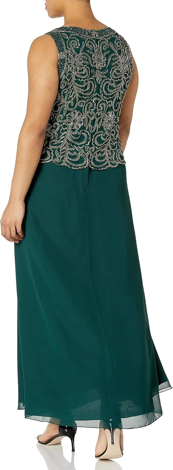 J Kara Women's Plus Size Beaded Sleeveless Long Dress with Scarf