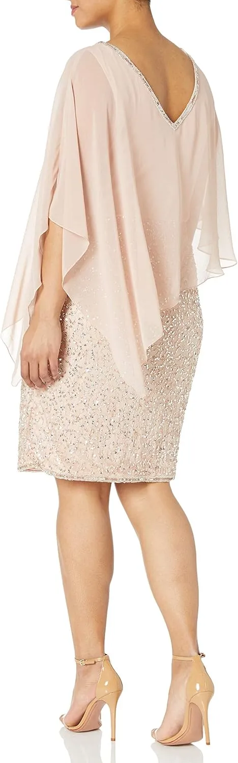 J Kara Women's Plus Size Caplet Short Cocktail Beaded Dress