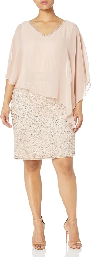 J Kara Women's Plus Size Caplet Short Cocktail Beaded Dress
