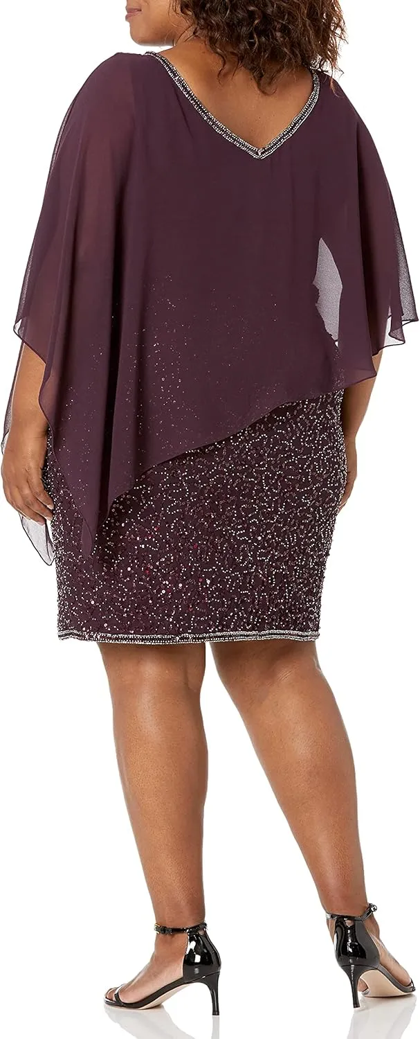 J Kara Women's Plus Size Caplet Short Cocktail Beaded Dress