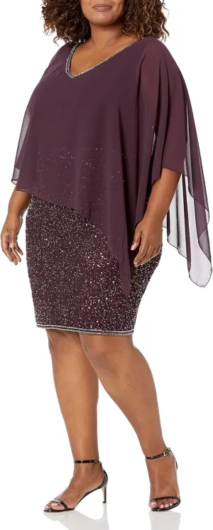 J Kara Women's Plus Size Caplet Short Cocktail Beaded Dress