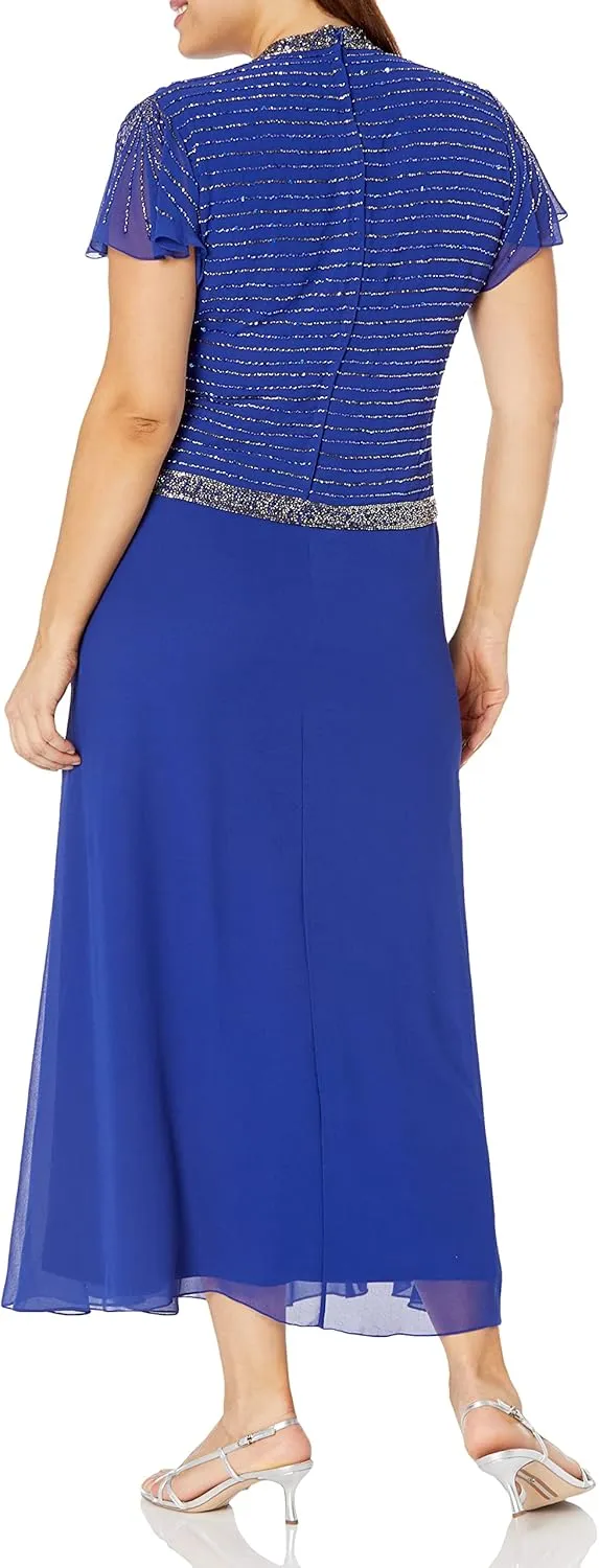 J Kara Women's Plus Size Faux Wrap Long Dress W/Flutter Sleeve