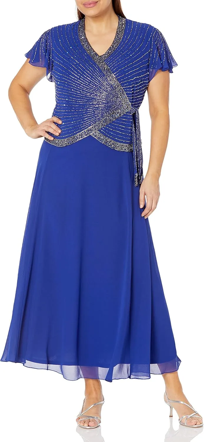 J Kara Women's Plus Size Faux Wrap Long Dress W/Flutter Sleeve