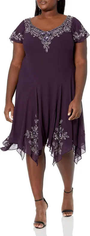 J Kara Women's Plus Size Flutter Sleeve Hanky Hem Cocktail Beaded Dress