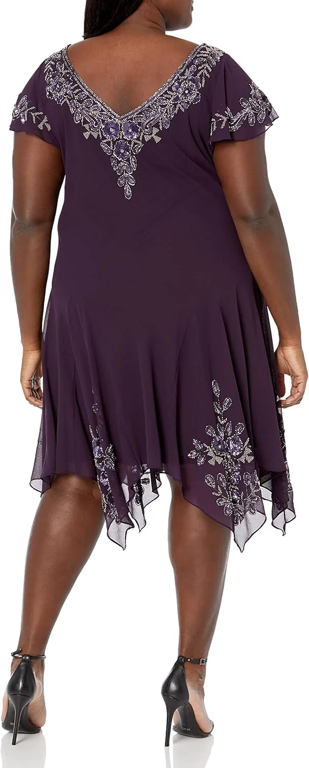 J Kara Women's Plus Size Flutter Sleeve Hanky Hem Cocktail Beaded Dress