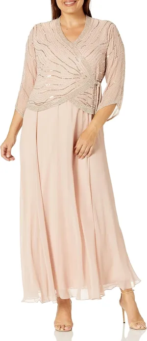 J Kara Women's Plus Size Long 3/4 Sleeve V-Neck Beaded Faux Wrap Dress