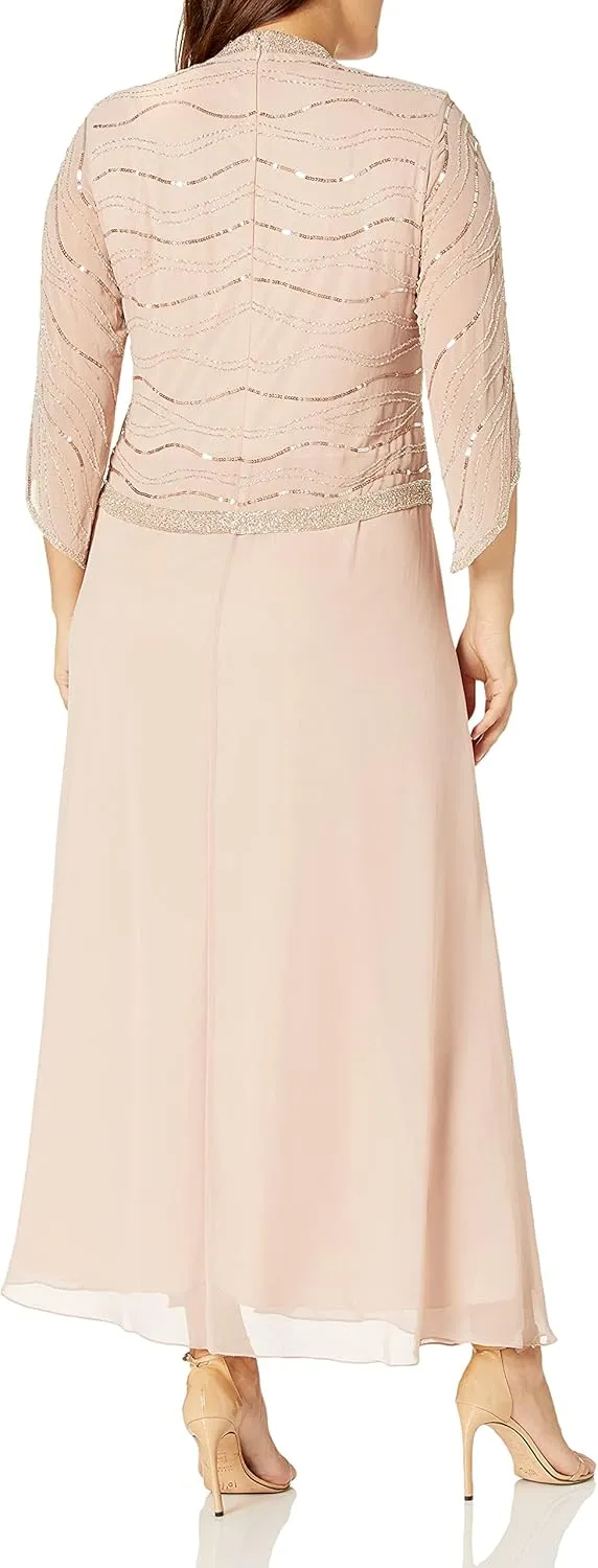 J Kara Women's Plus Size Long 3/4 Sleeve V-Neck Beaded Faux Wrap Dress