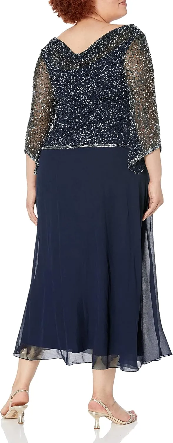 J Kara Women's Plus Size Long Beaded Dress with Cowl Neck