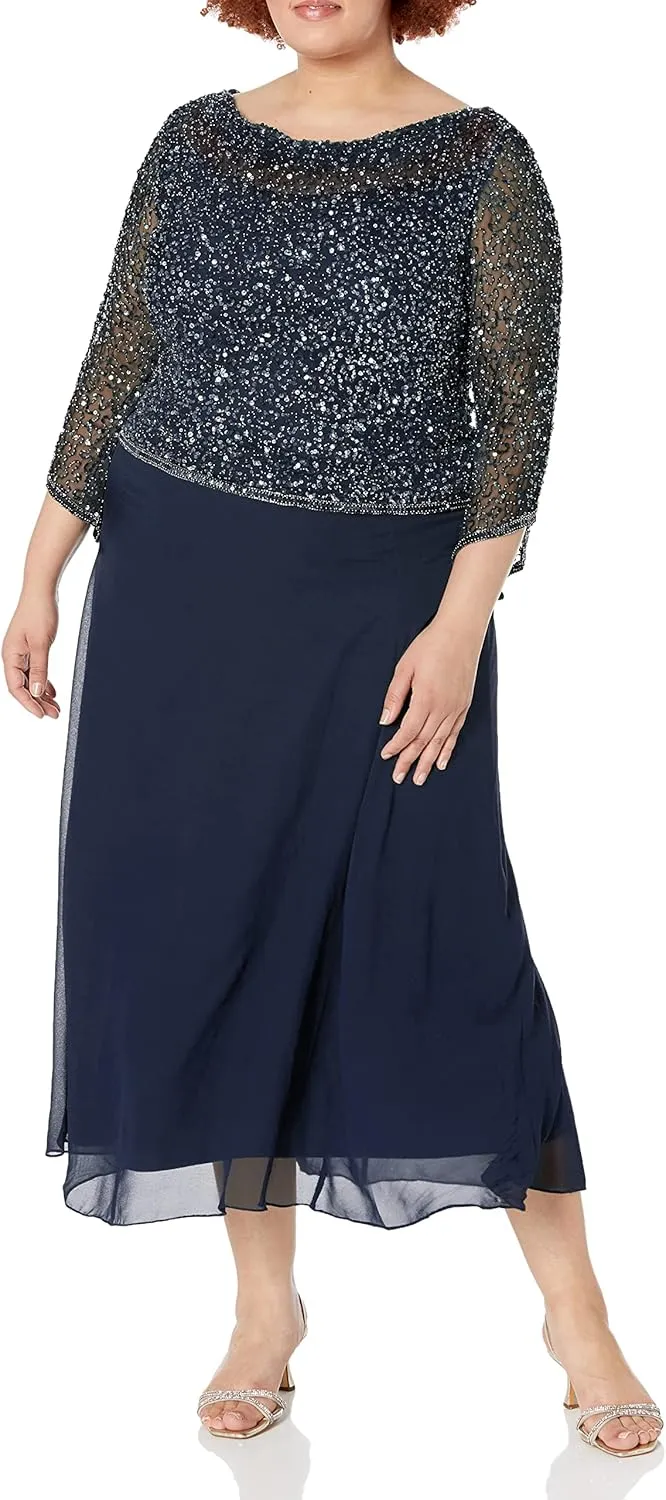 J Kara Women's Plus Size Long Beaded Dress with Cowl Neck