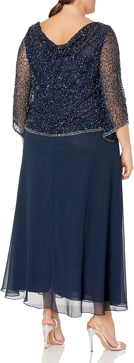 J Kara Women's Plus Size Long Beaded Dress with Cowl Neck