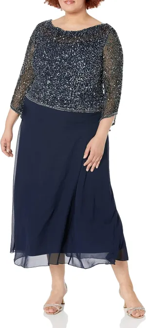 J Kara Women's Plus Size Long Beaded Dress with Cowl Neck