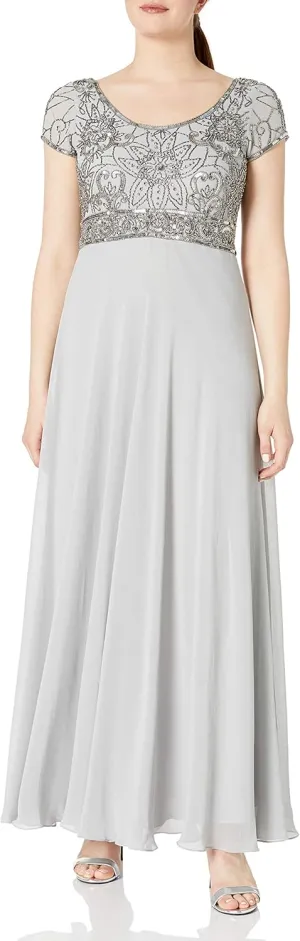 J Kara Women's Plus Size Long Empire Waist Dress, Silver/Mercury, 14W