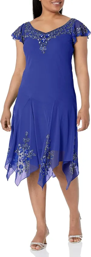 J Kara Women's Plus Size Petite Flutter Sleeve Hanky Hem Short Cocktail Beaded Dress
