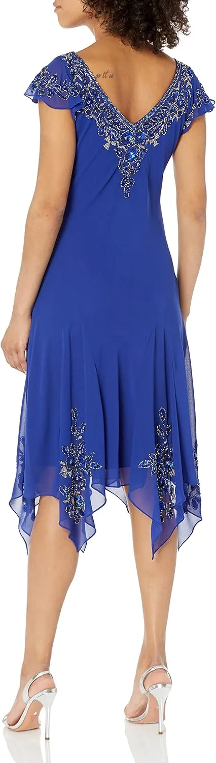 J Kara Women's Plus Size Petite Flutter Sleeve Hanky Hem Short Cocktail Beaded Dress
