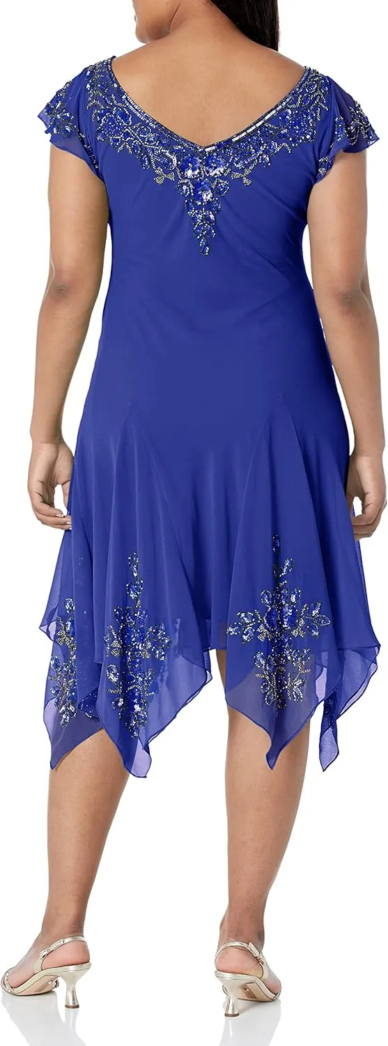 J Kara Women's Plus Size Petite Flutter Sleeve Hanky Hem Short Cocktail Beaded Dress