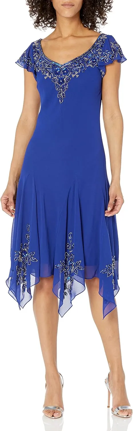 J Kara Women's Plus Size Petite Flutter Sleeve Hanky Hem Short Cocktail Beaded Dress