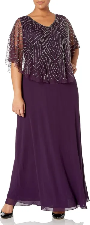 J Kara Women's Plus Size Pop Over Long Beaded Dress