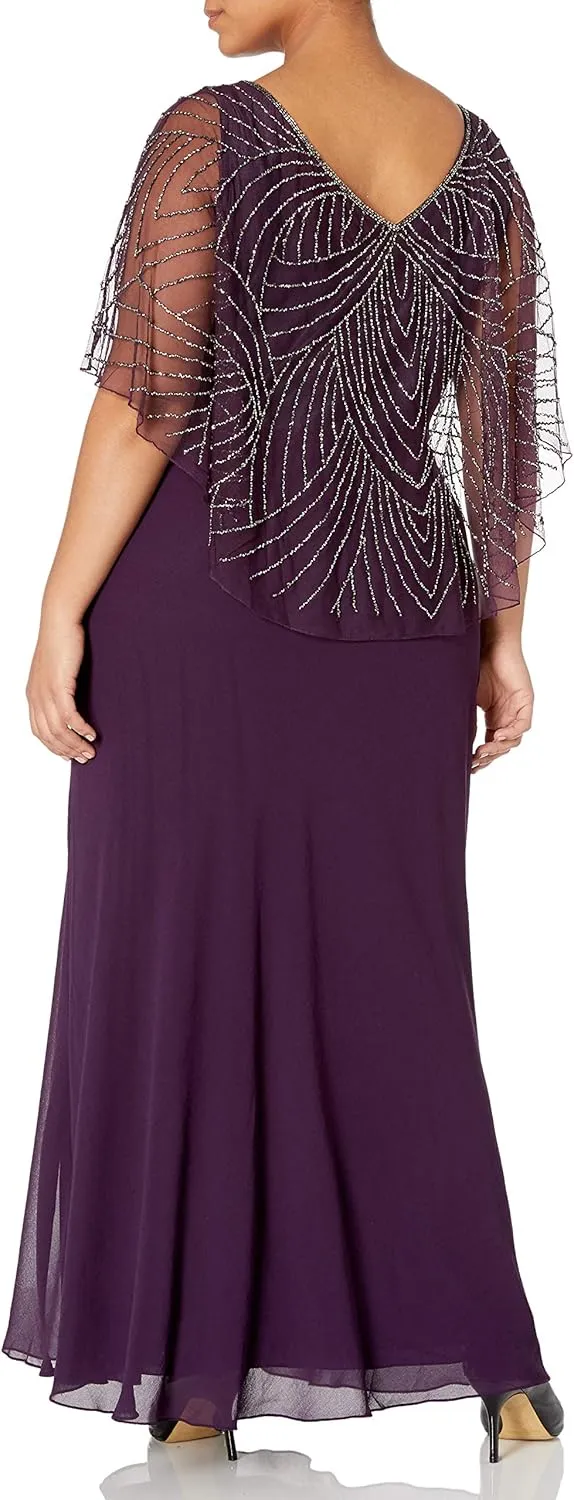 J Kara Women's Plus Size Pop Over Long Beaded Dress