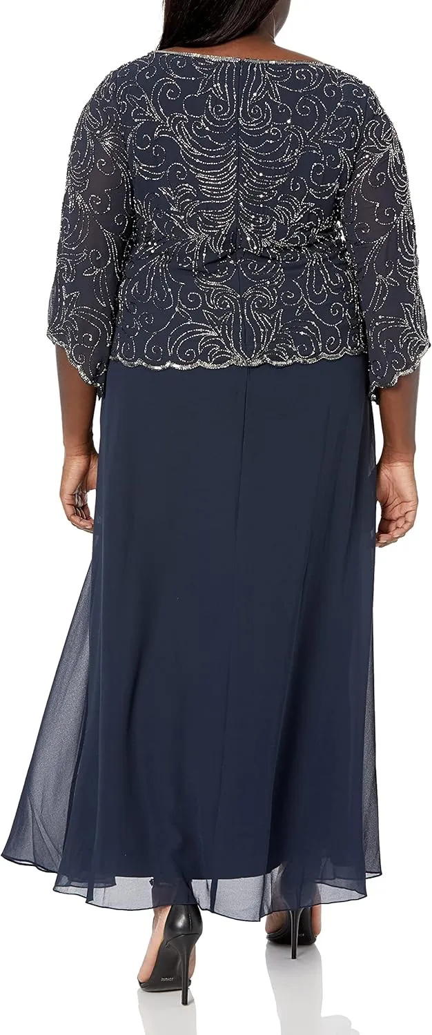 J Kara Women's Plus Size Scoop-Neck Beaded Long Dress
