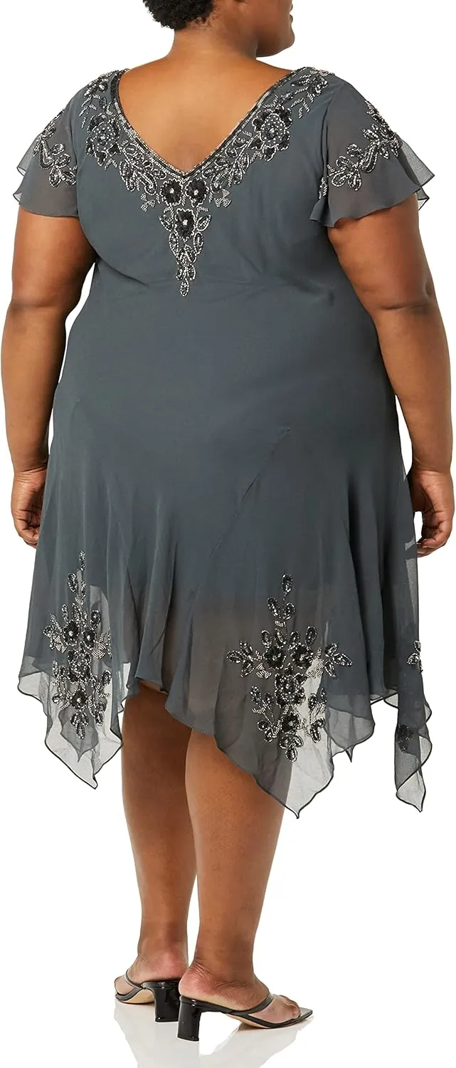 J Kara Women's Plus Size V-Neck Hanky Hem Short Dress