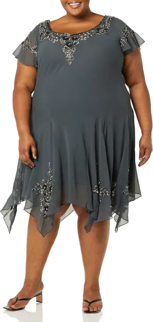 J Kara Women's Plus Size V-Neck Hanky Hem Short Dress