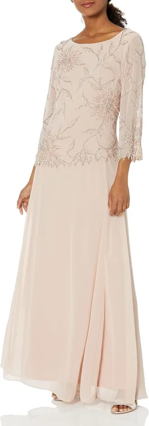 J Kara Women's Scoop Neck Line with 3/4 Sleeve Beaded Top Long Dress