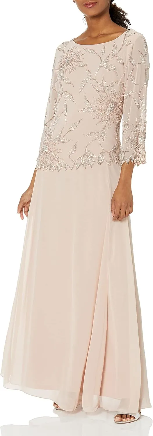 J Kara Women's Scoop Neck Line with 3/4 Sleeve Beaded Top Long Dress