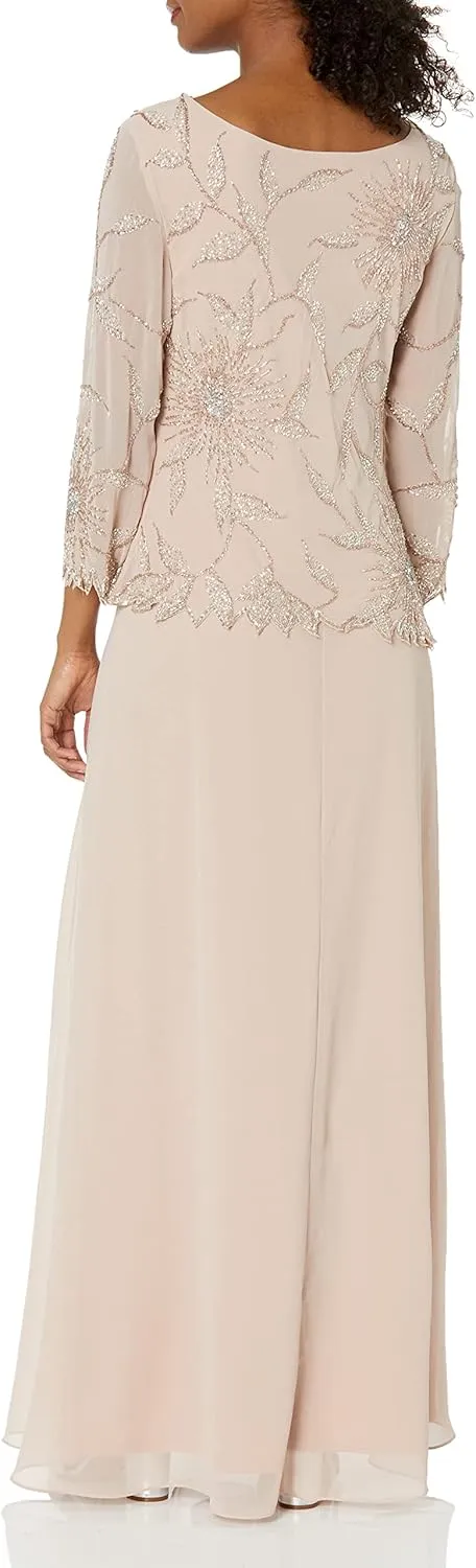 J Kara Women's Scoop Neck Line with 3/4 Sleeve Beaded Top Long Dress