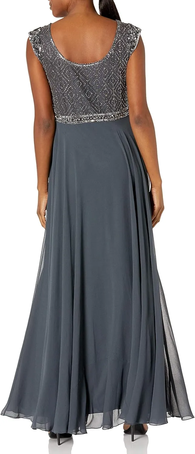J Kara Women's Short Sleeve Beaded Top Long Dress