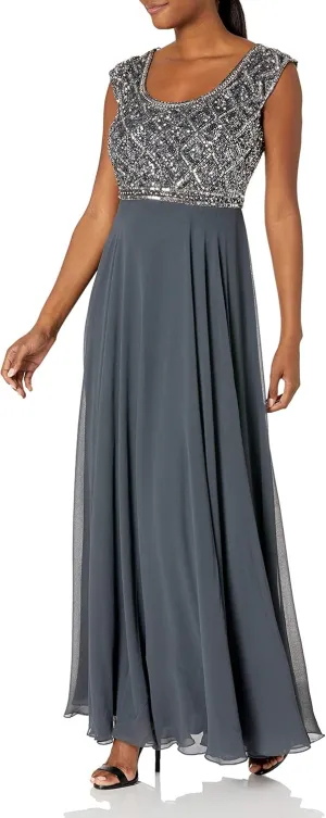 J Kara Women's Short Sleeve Beaded Top Long Dress