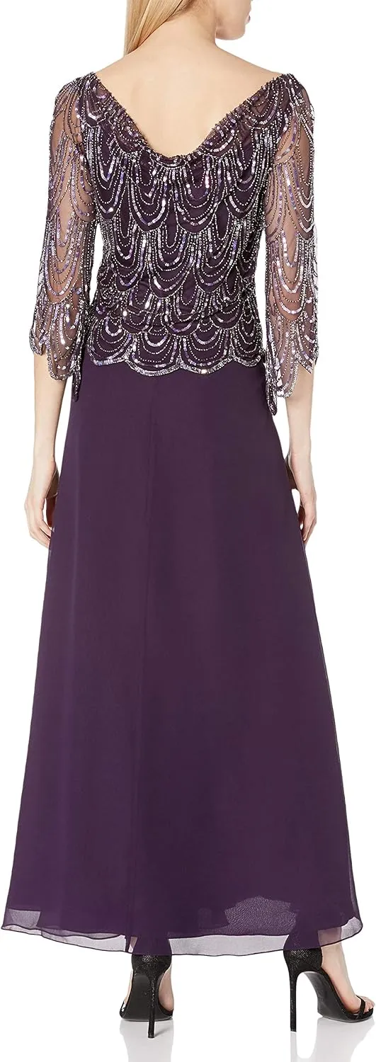 J Kara Women's Size 3/4 Scallop Beaded Pop Over Gown Plus