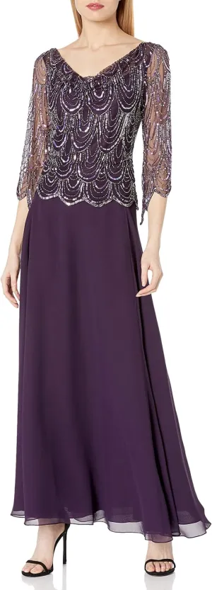 J Kara Women's Size 3/4 Scallop Beaded Pop Over Gown Plus