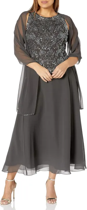 J Kara Women's Size Beaded Gown with Scarf Plus