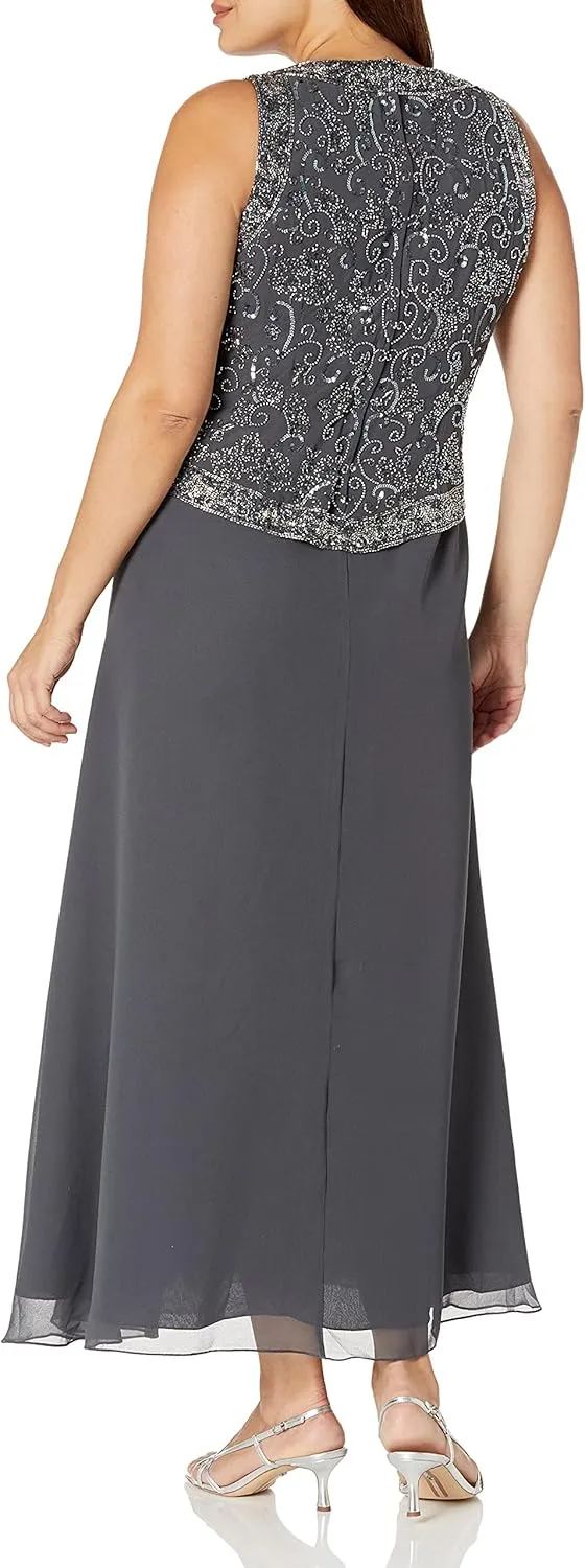 J Kara Women's Size Beaded Gown with Scarf Plus