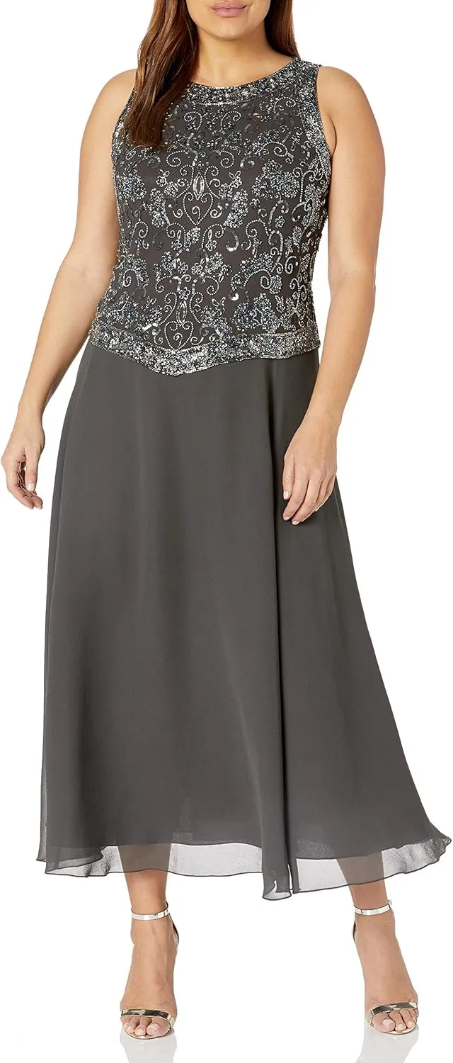 J Kara Women's Size Beaded Gown with Scarf Plus