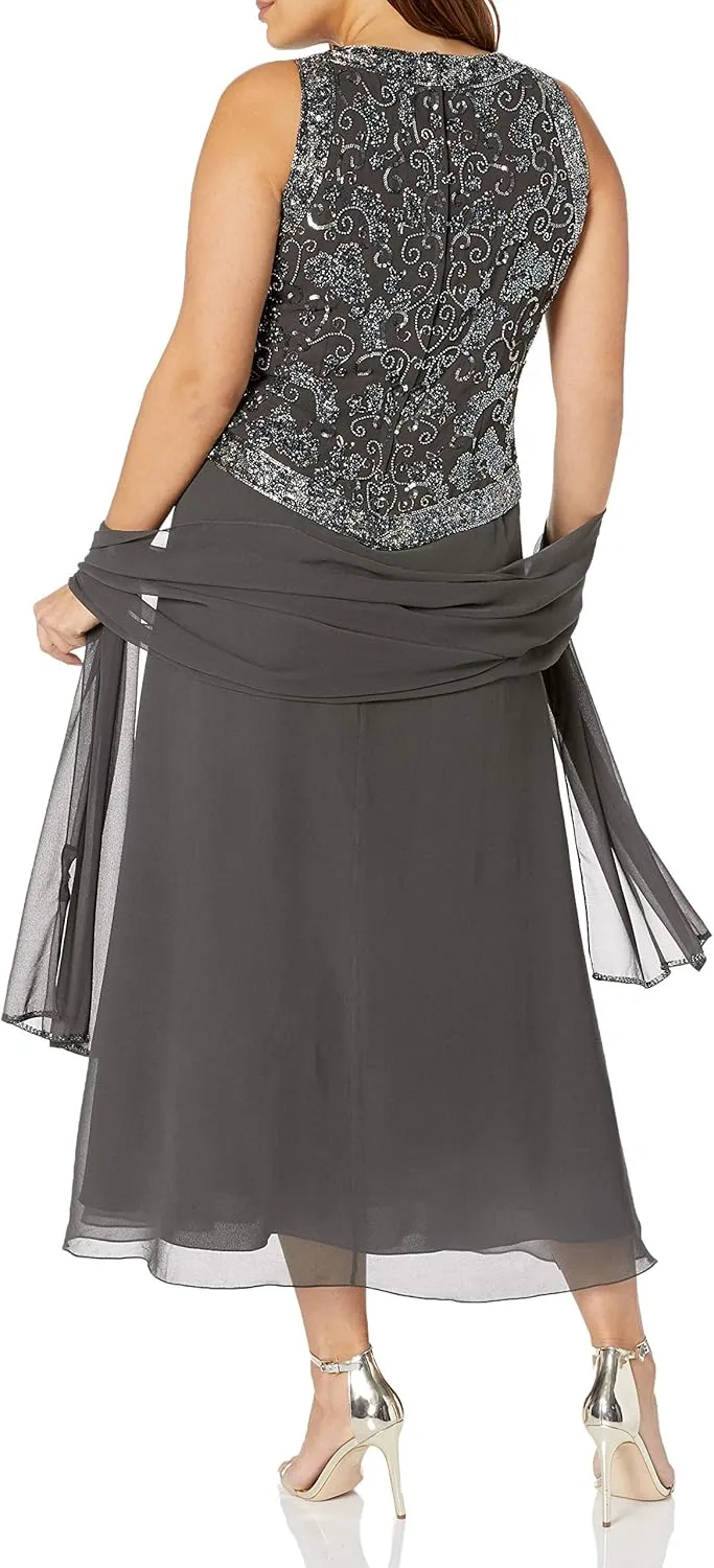 J Kara Women's Size Beaded Gown with Scarf Plus