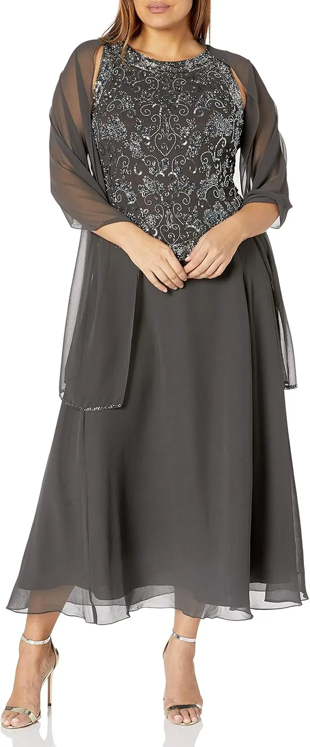 J Kara Women's Size Beaded Gown with Scarf Plus