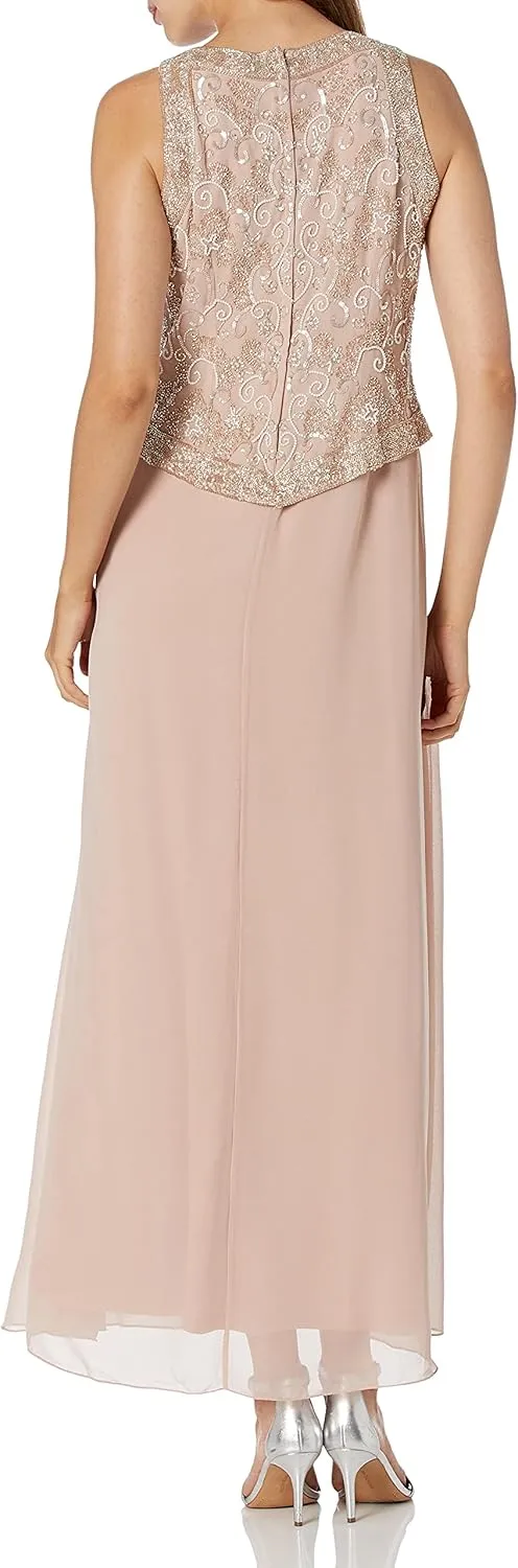 J Kara Women's Sleeveless Mock 2 Piece Beaded Bodice Flare Dress