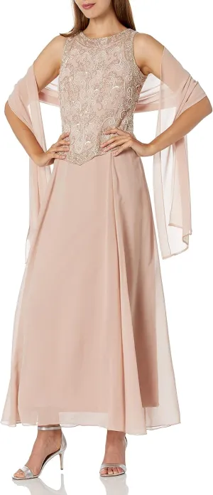 J Kara Women's Sleeveless Mock 2 Piece Beaded Bodice Flare Dress