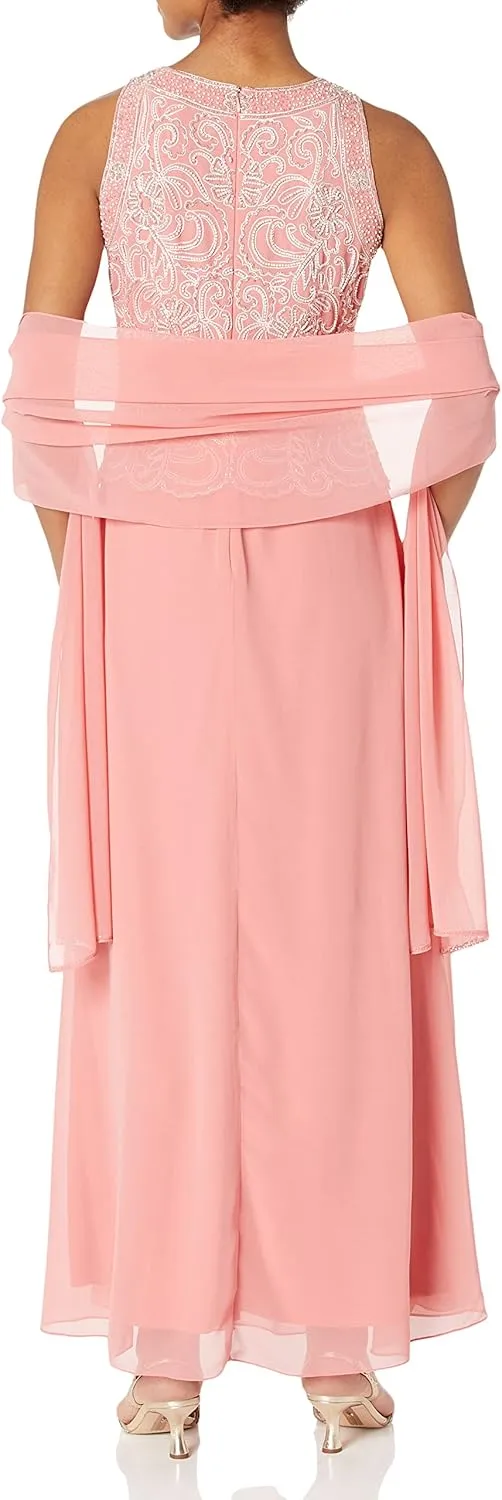J Kara Women's Sleeveless Scallop Long Beaded Dress with Scarf