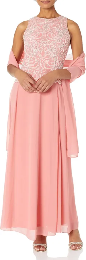 J Kara Women's Sleeveless Scallop Long Beaded Dress with Scarf